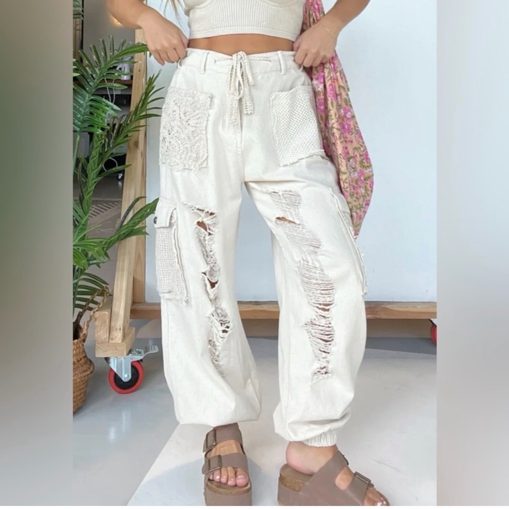 POL Cream Distressed Cargo Pants